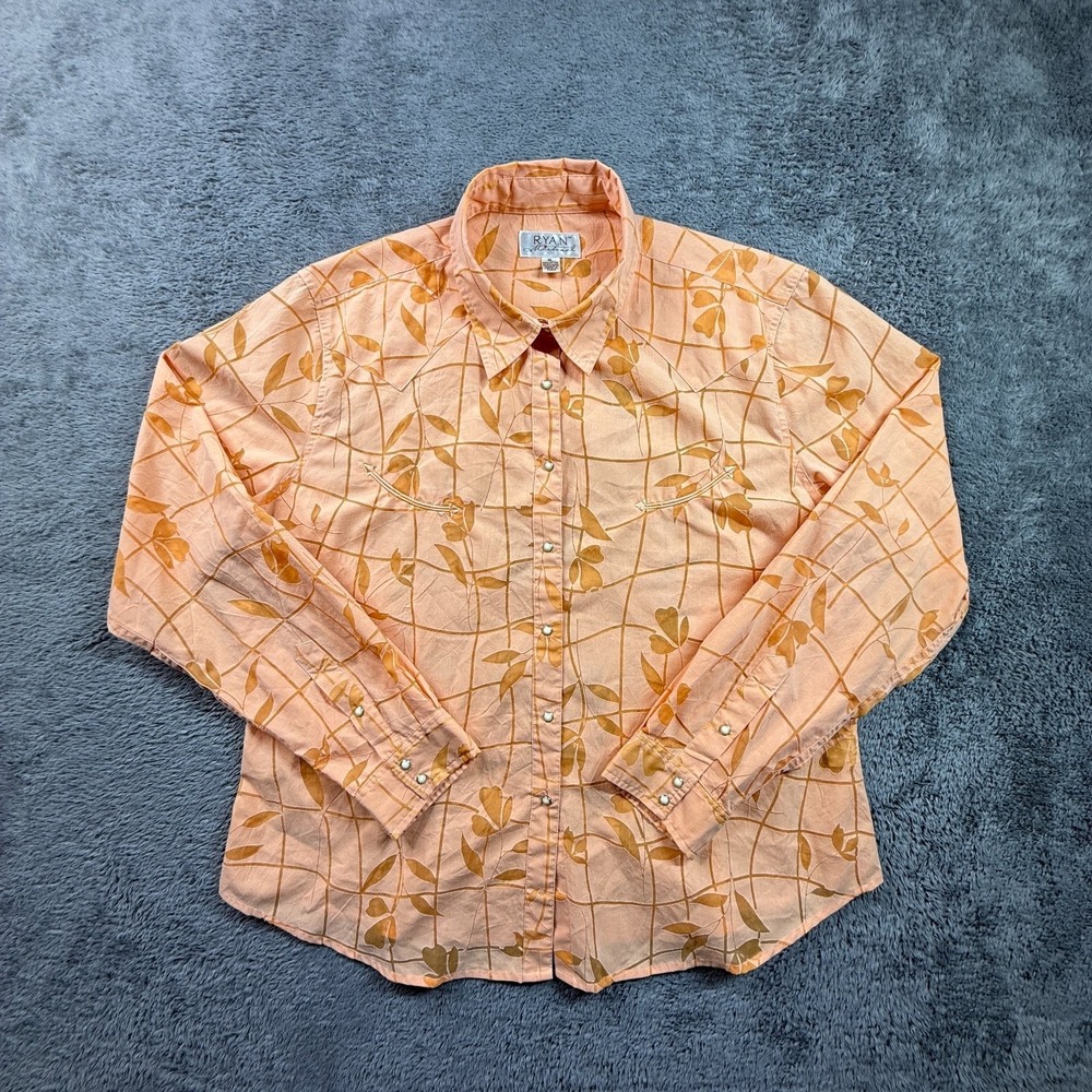 Ryan Michael Womens XL Pearl Snap Button Up Shirt Orange Floral Grid Print